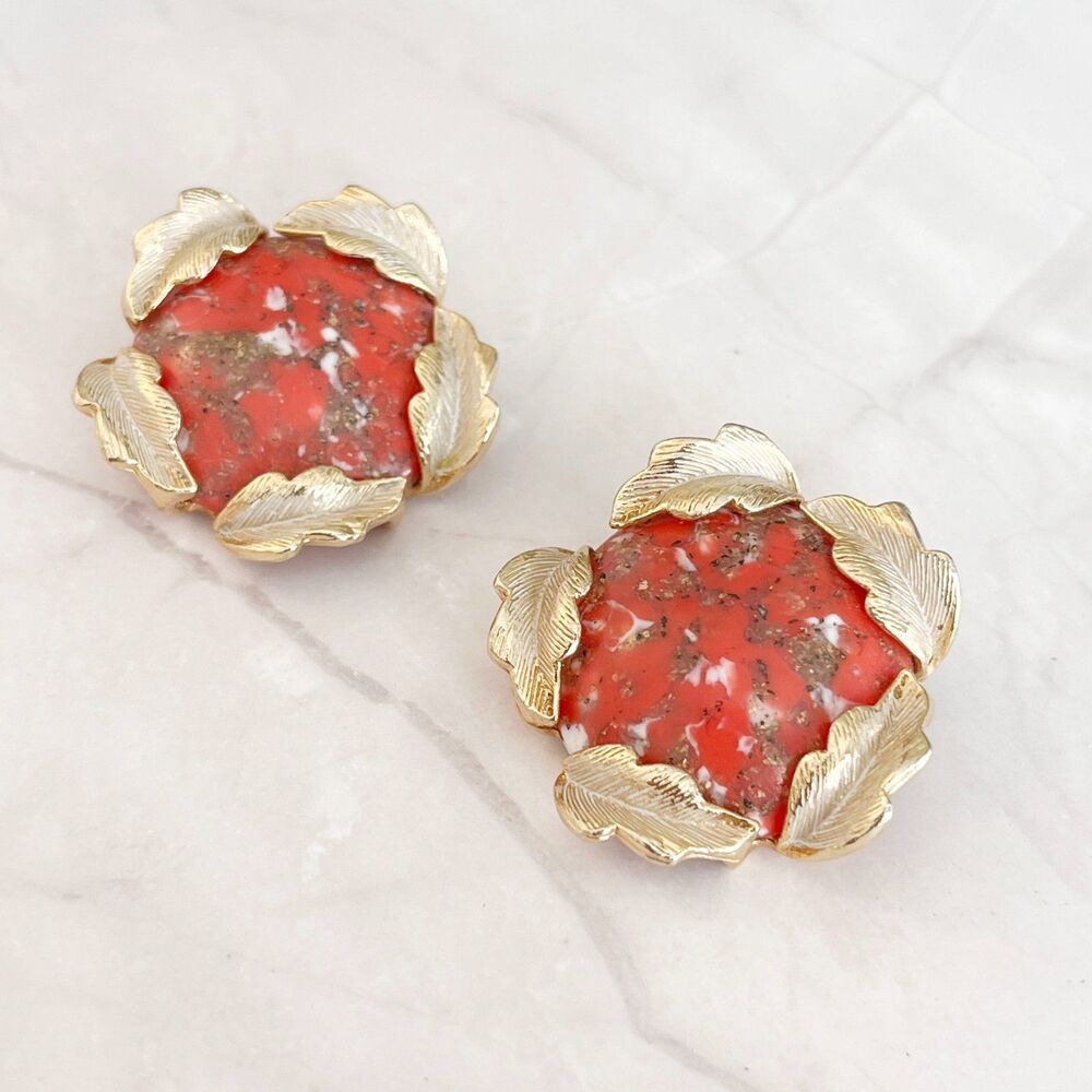 Judy Lee Round Coral and Gold Tone Cabochon Clip On Earrings Signed Vintage